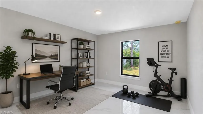 Versatile room featuring light gray walls, a window with black trim, and glossy tile flooring