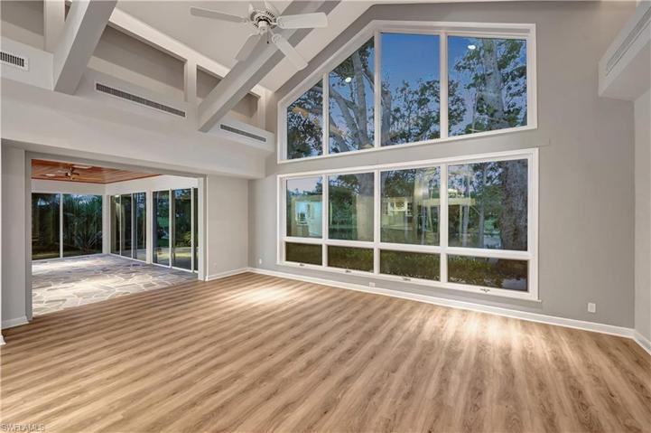 Dramatic lighting in the beautiful living area.