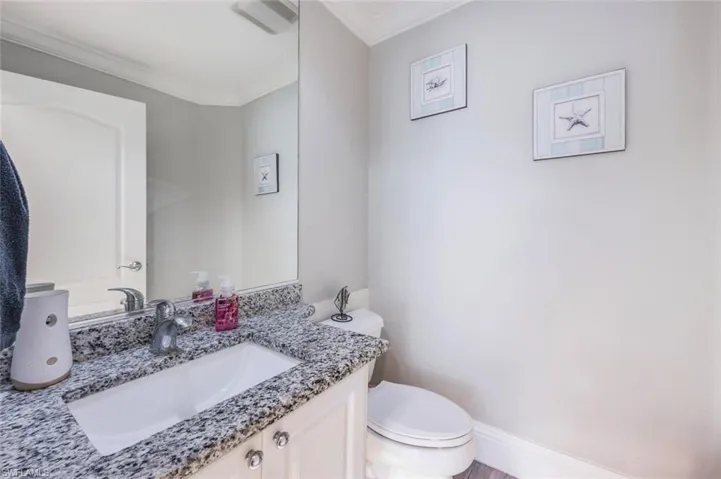Bathroom featuring vanity, crown molding, and toilet