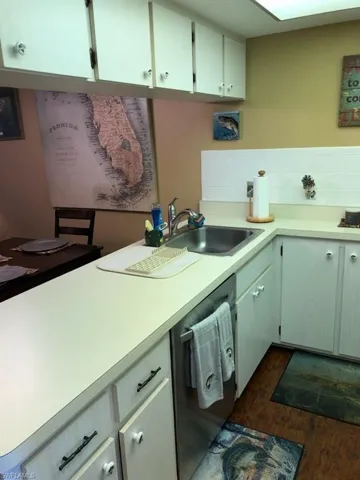 Kitchen with backsplash, dark wood-type flooring, and dishwashing machine