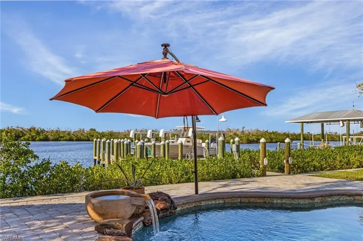 View of pool with a boat dock and a water view