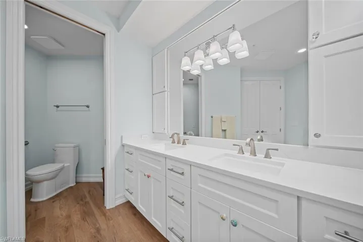 Bathroom with toilet, vanity, and hardwood / wood-style flooring