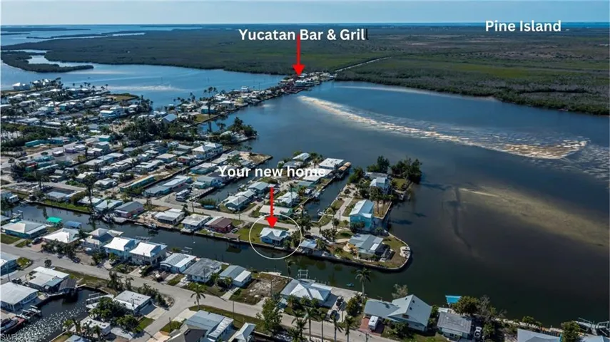 West aerial view showing Yucatan Restaurant and Pine Island