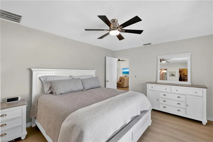 Bedroom featuring light wood finished floors and a ceiling fan