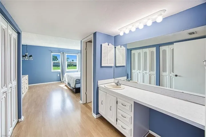 Bathroom featuring a closet, vanity, connected bathroom, light wood-style floors, and suspended lighting