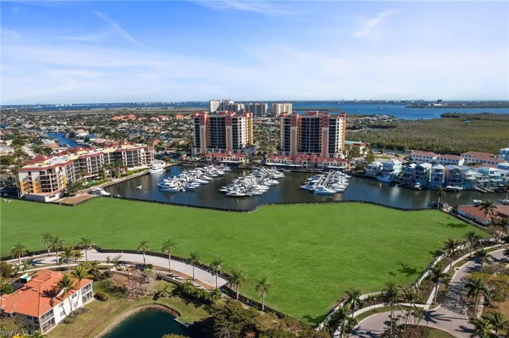 Bird's eye view of a large body of water and numerous boat docks