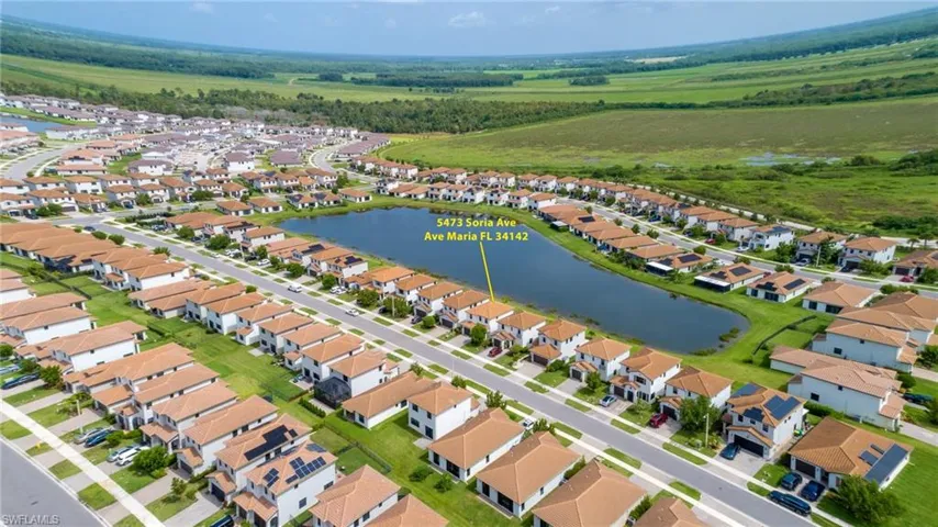 Birds eye view of property with a water view