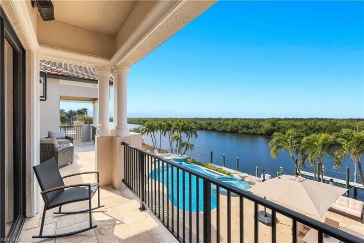 Balcony featuring view of pool area and a water view