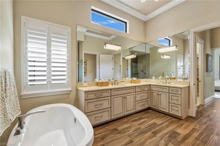 Bathroom featuring double vanity, a washtub, ornamental molding, and plenty of natural light