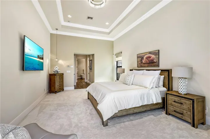 Master bedroom with a high ceiling, crown molding, carpet, and a raised ceiling