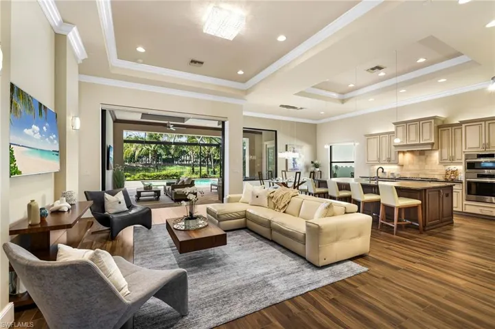 Living room featuring sink, dark hardwood / wood-style floors, ceiling fan, a raised ceiling, and ornamental molding