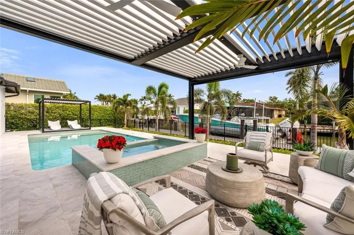 View of swimming pool with a fenced in pool, fence, outdoor lounge area, and a pergola