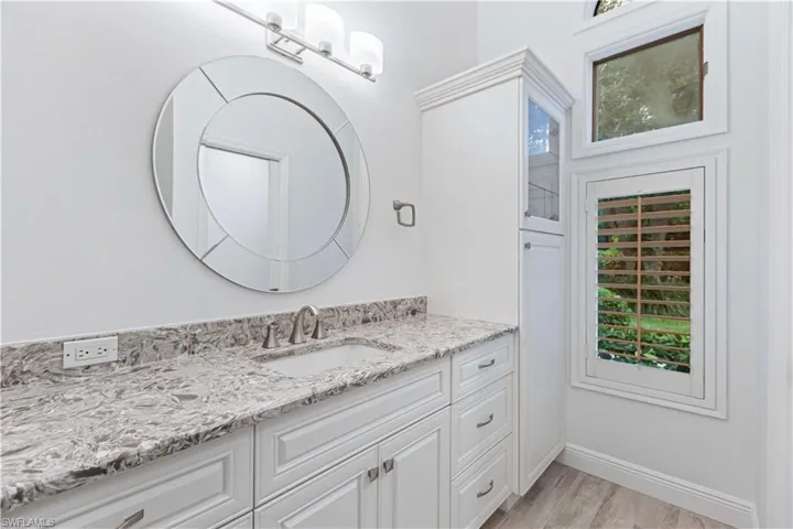 Bathroom featuring vanity, a healthy amount of sunlight, and wood-type flooring
