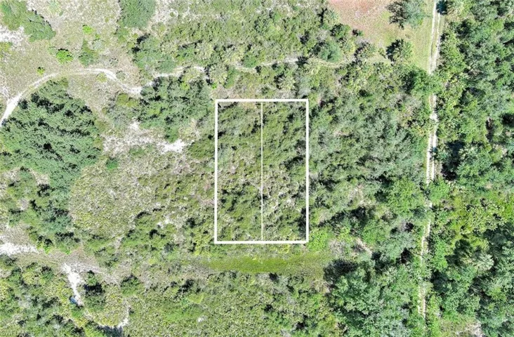 Aerial view of property and surrounding area with property parcel outlined and a forest