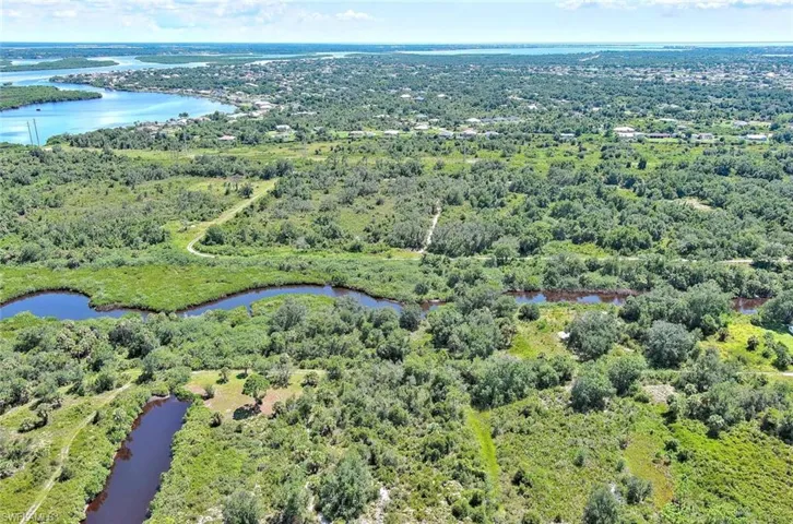 Aerial view of a nearby body of water and a forest