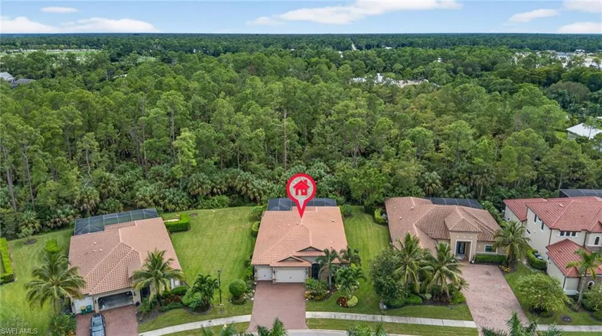 Aerial perspective of suburban area with a forest