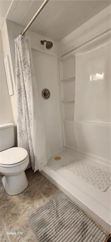 Bathroom featuring a shower with curtain and toilet