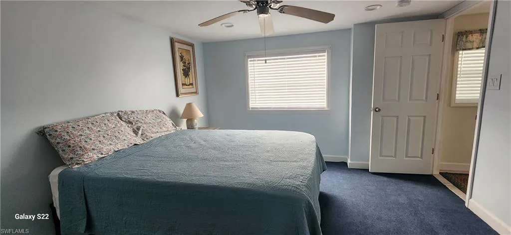 Carpeted bedroom with ceiling fan