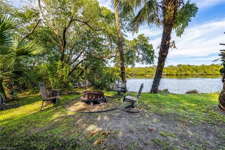 View of patio / terrace with a water view and an outdoor fire pit