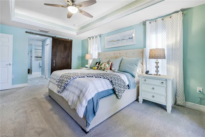 Carpeted bedroom featuring multiple windows, a tray ceiling, and ceiling fan