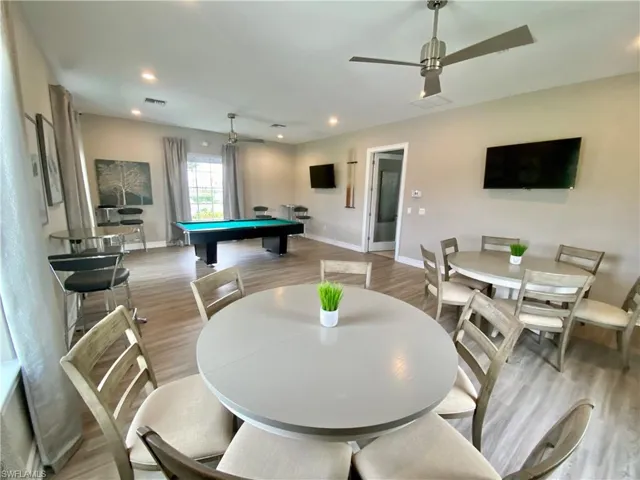 Rec room with billiards table, recessed lighting, and a ceiling fan