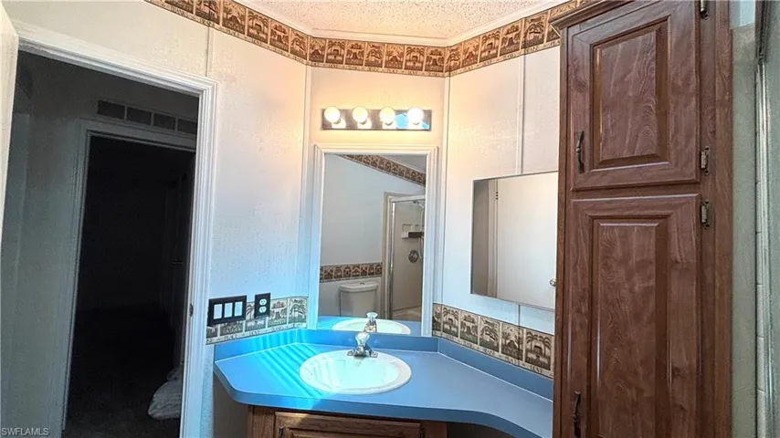 Second Bathroom has a full shower, beautiful wood cabinetry, and a skylight!