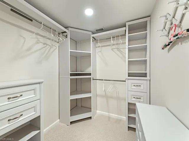 Walk in closet featuring light carpet