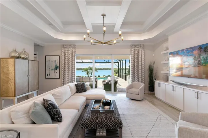 Living room featuring a lake and pool view