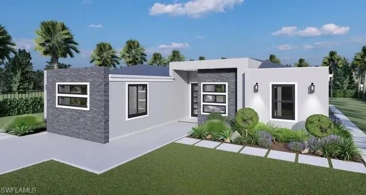Modern exterior featuring light gray stucco and dark stacked stone accents