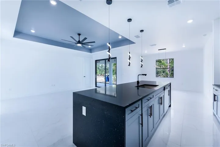Kitchen featuring a healthy amount of sunlight, sink, a raised ceiling, and a kitchen island with sink