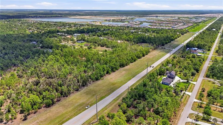 Expansive land parcel featuring dense tree coverage, a clear sky, and proximity to established roadways