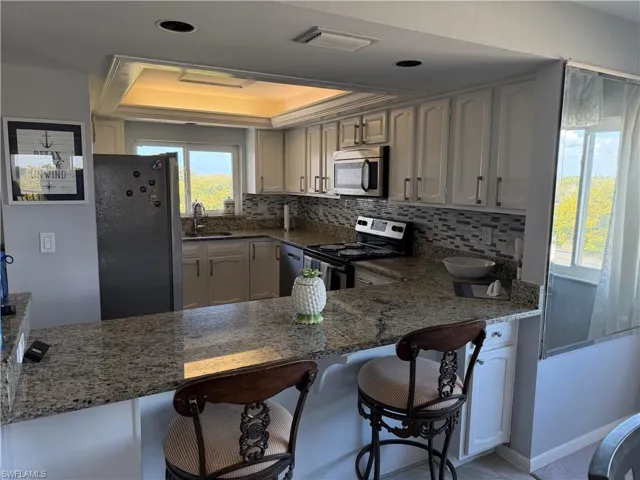 Kitchen with stainless steel appliances, a tray ceiling, dark stone counters, a breakfast bar, and decorative backsplash