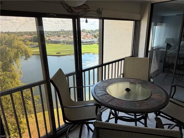 Screened in lanai featuring a water view and view of Golf Course