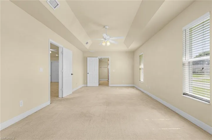 Spare room featuring ceiling fan, light carpet, plenty of natural light, and a tray ceiling