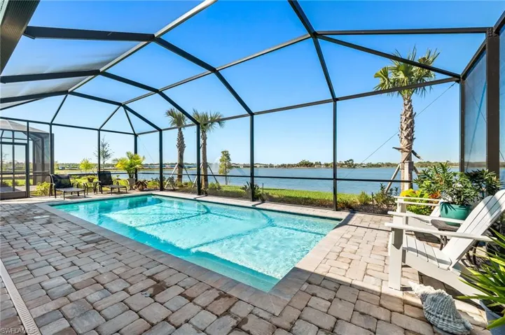 Pool with sunset and long lake views