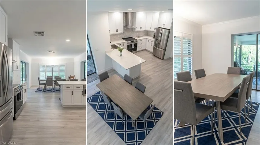 Modern kitchen with stainless steel appliances, white cabinetry, quartz countertops, and light wood-finish flooring