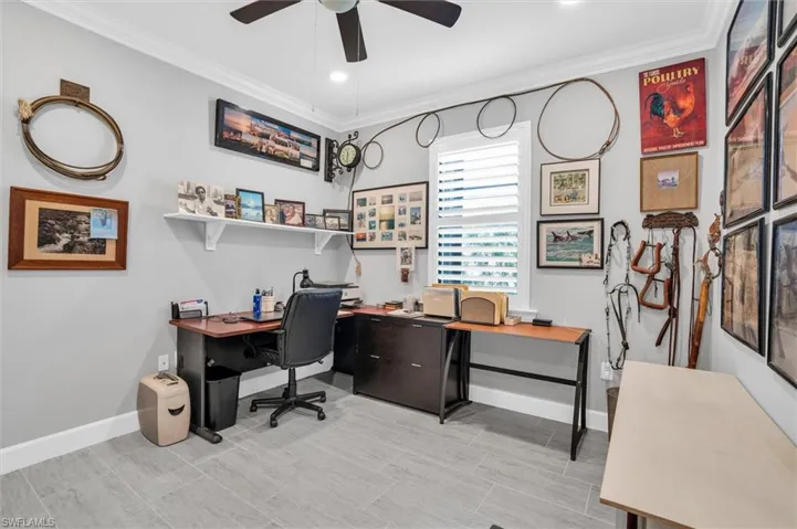 Home office with crown molding, baseboards, a ceiling fan, and recessed lighting