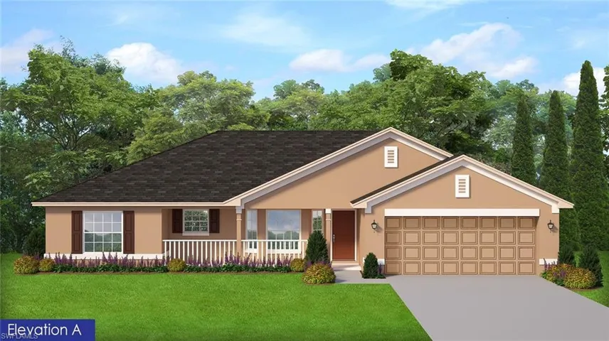 View of front of house featuring stucco siding, concrete driveway, a front lawn, an attached garage, and a shingled roof
