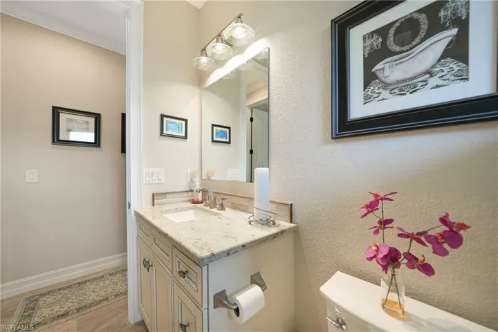 Bathroom featuring vanity, toilet, and hardwood / wood-style flooring