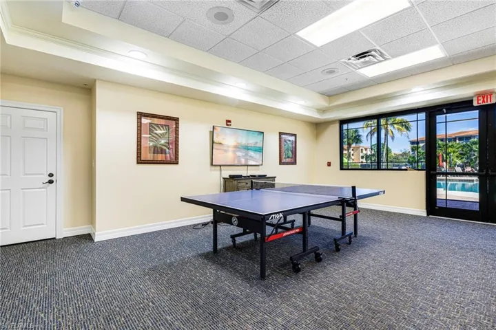 Rec room with dark colored carpet, a paneled ceiling, and a raised ceiling