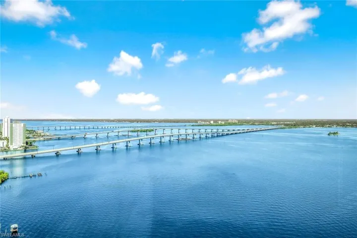Water view featuring a notable bridge