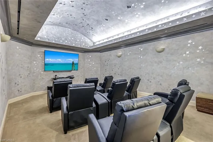 Home theater featuring a raised ceiling and light carpet