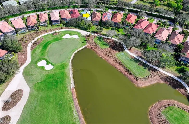 Birds eye view of property with a water view