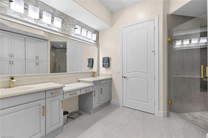 Full bath featuring double vanity and a stall shower