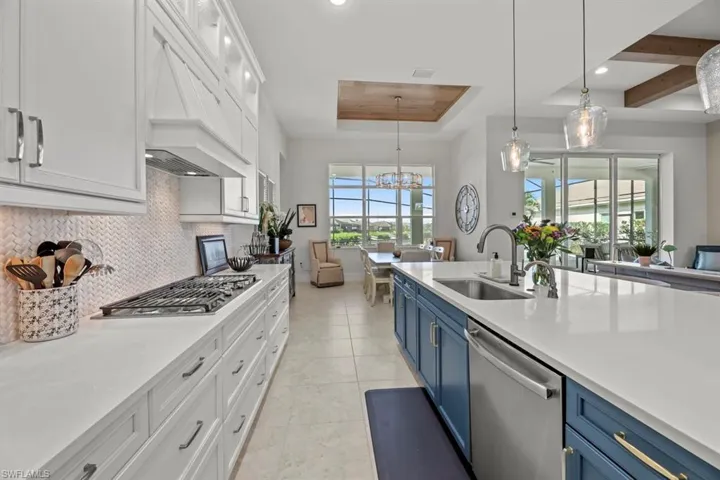 Kitchen with custom exhaust hood, white cabinets, blue cabinetry, appliances with stainless steel finishes, and a tray ceiling