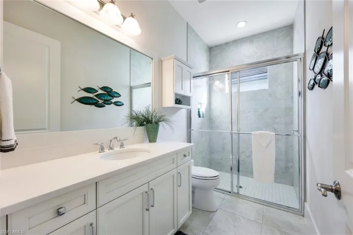 Bathroom featuring vanity, toilet, a shower with shower door, and a wealth of natural light