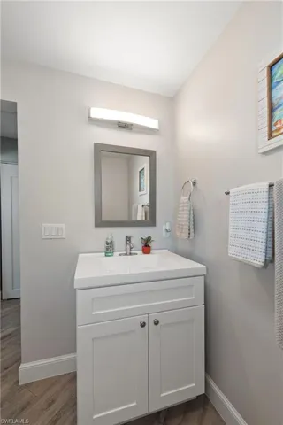 Bathroom featuring vanity and dark wood-style flooring