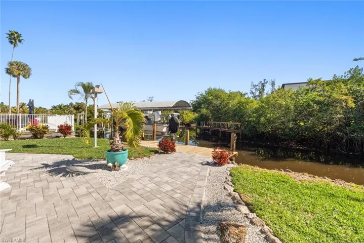 View of home's community with a boat dock, a water view, and a patio