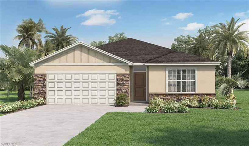 Single story home featuring driveway, stone siding, an attached garage, a front lawn, and stucco siding