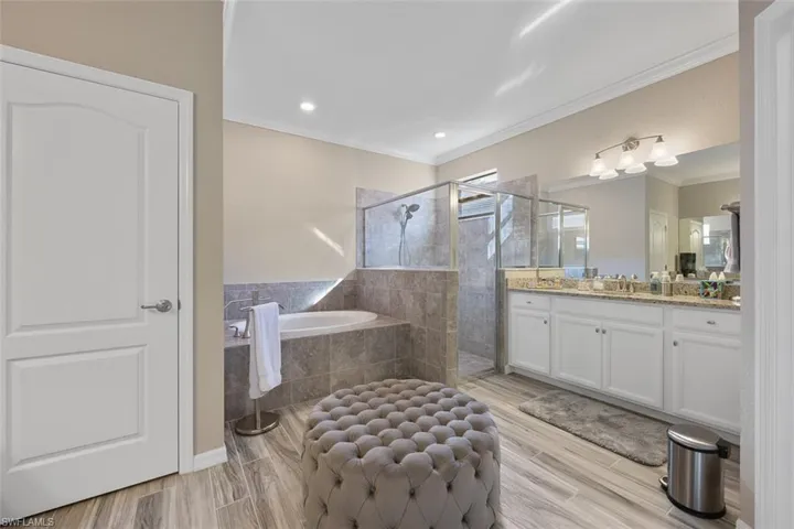 Bathroom featuring plus walk in shower, ornamental molding, hardwood / wood-style floors, and vanity
